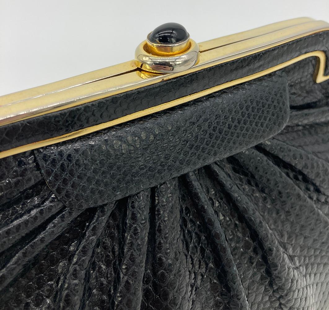 Judith Leiber Black Lizard Gold Deco Top Edge Clutch For Sale 5