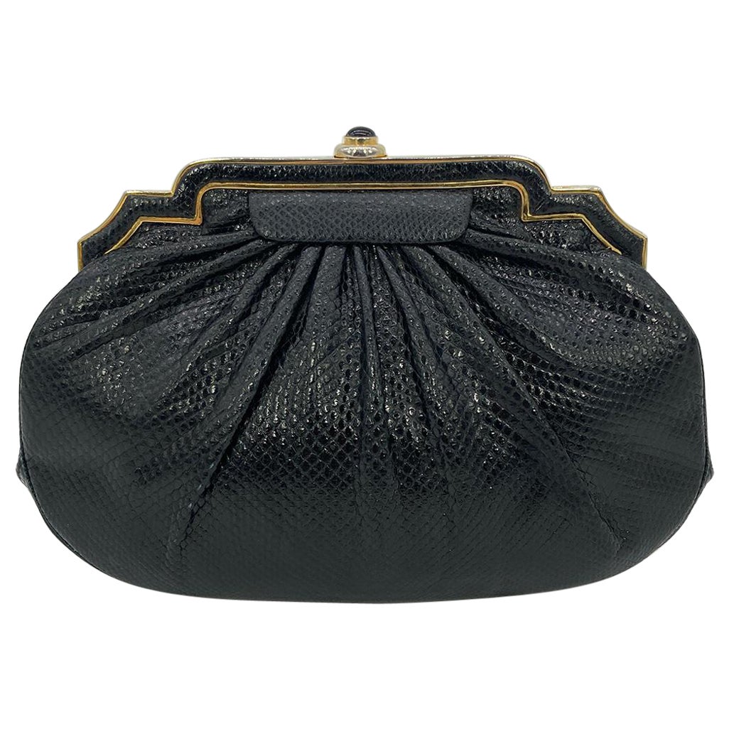 Judith Leiber - Pochette à bordure supérieure en lézard noir et or déco