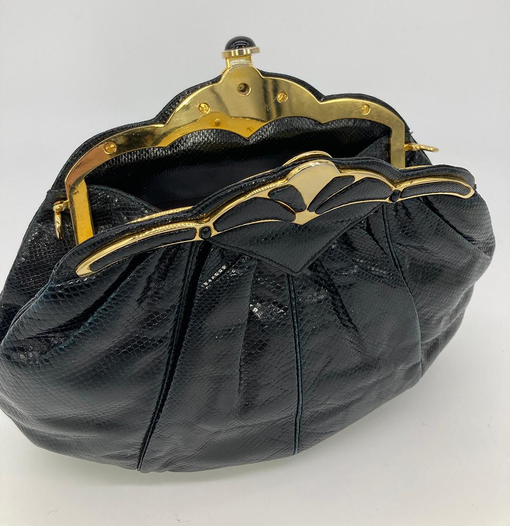 Judith Leiber Black Lizard Gold Scallop Top Clutch For Sale 7