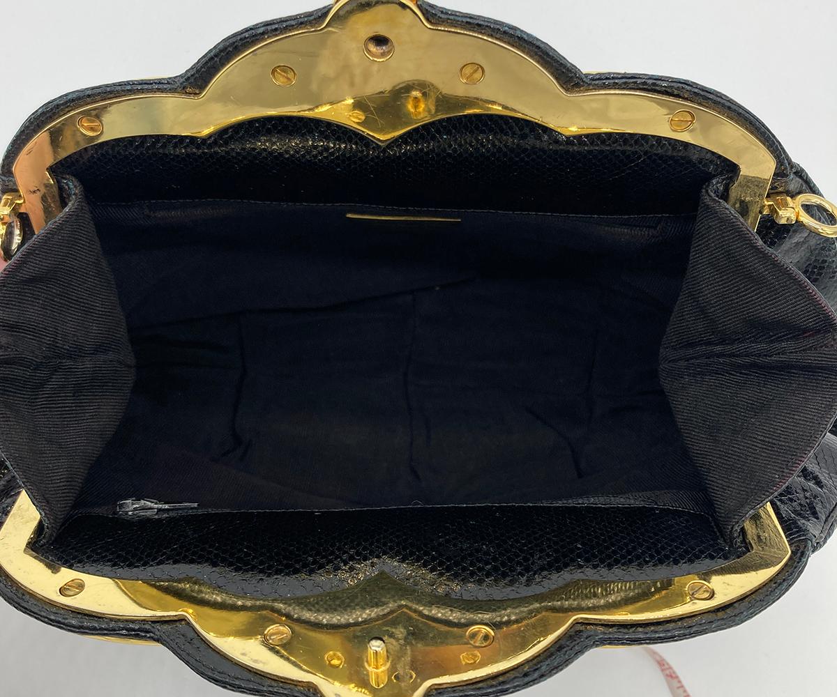 Judith Leiber Black Lizard Gold Scallop Top Clutch For Sale 8