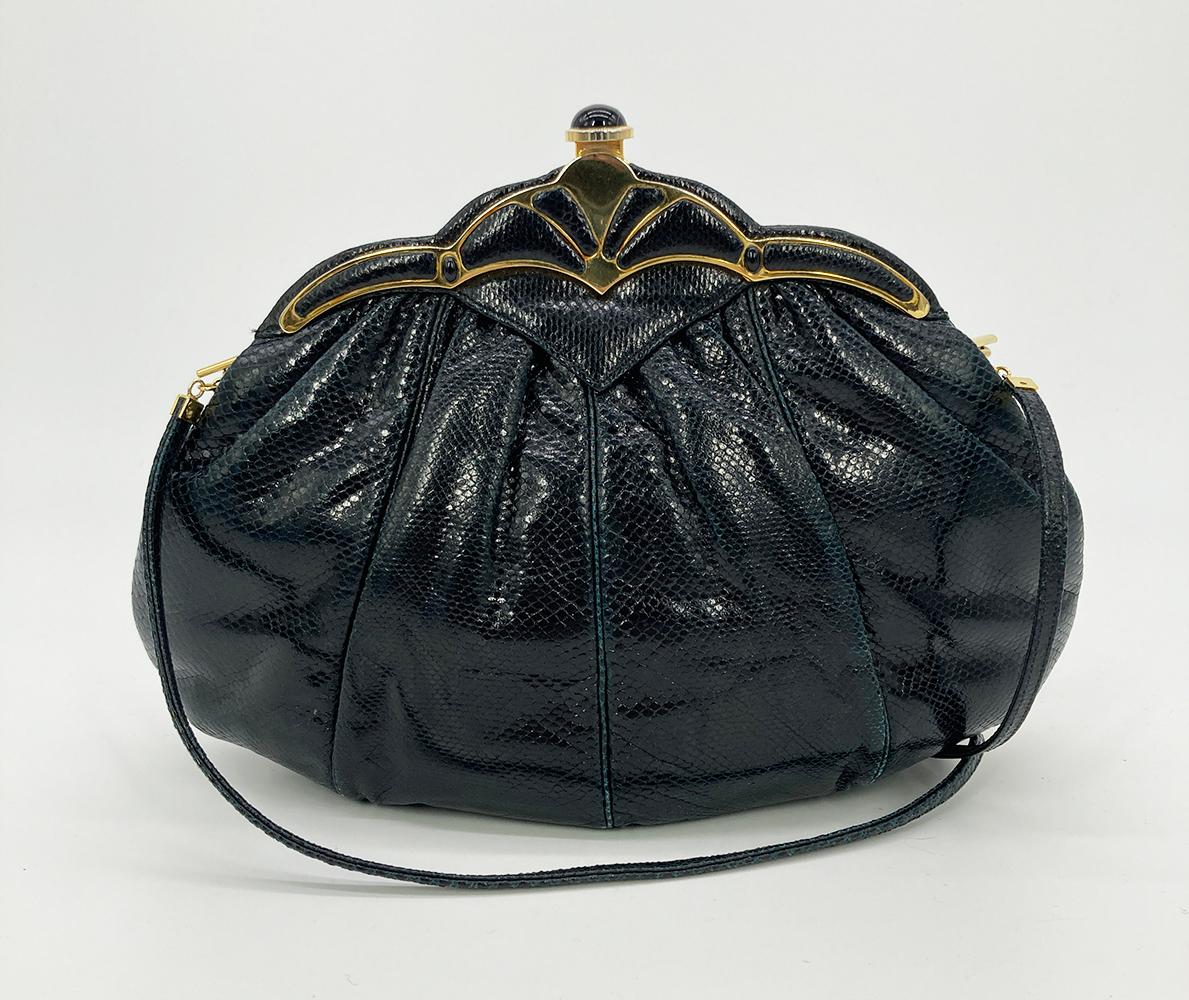 Judith Leiber Black Lizard Gold Scallop Top Clutch For Sale 3