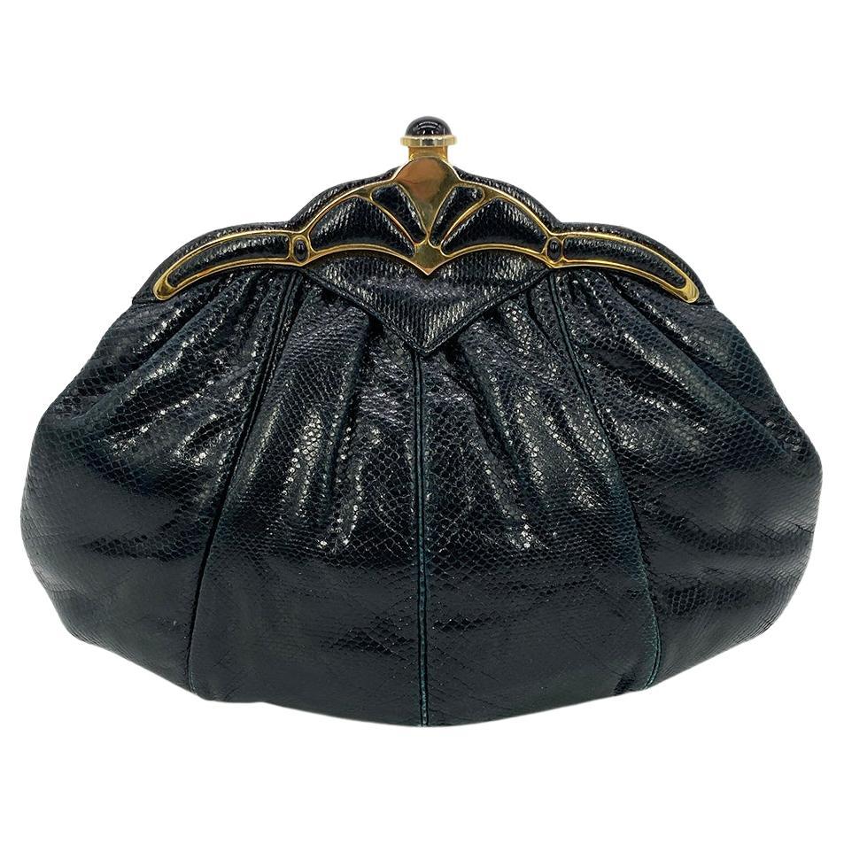 Judith Leiber Black Lizard Gold Scallop Top Clutch For Sale