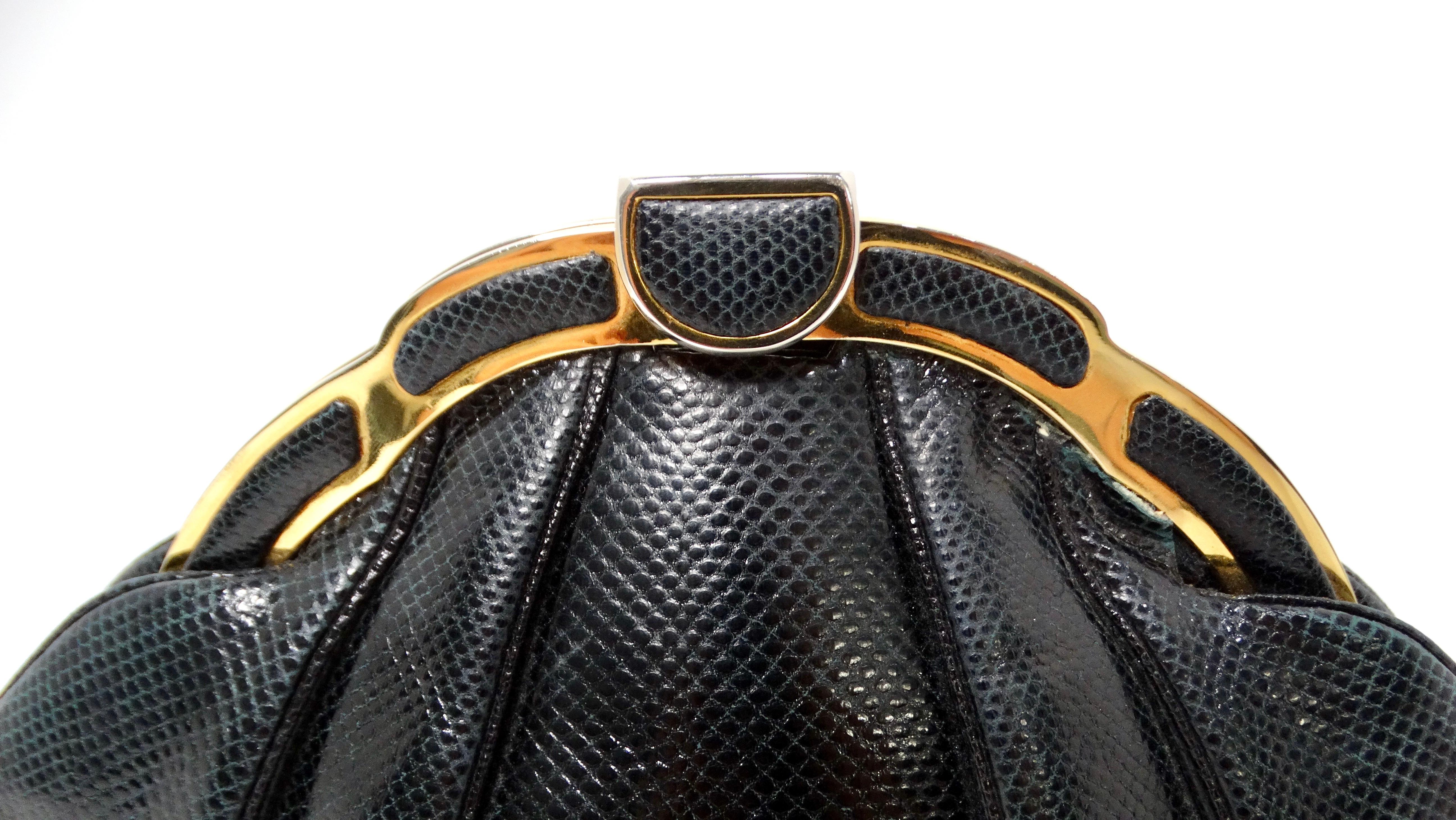 Nero Judith Leiber Clutch a scatto in lucertola nera e tonalità oro, circa anni '80 in vendita