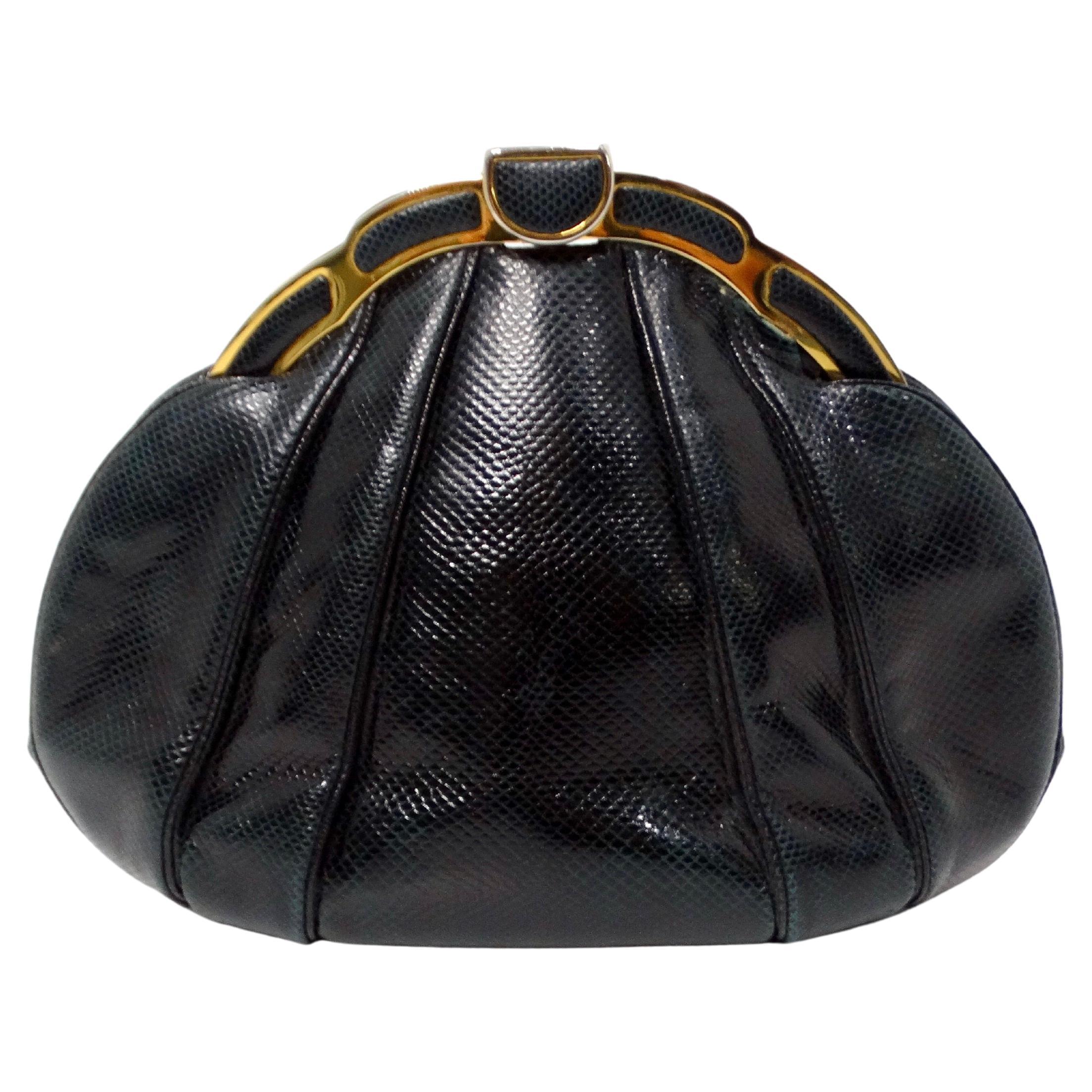 Judith Leiber Clutch a scatto in lucertola nera e tonalità oro, circa anni '80 in vendita