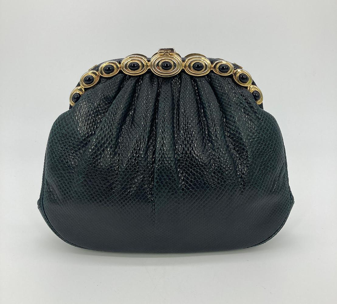 Judith Leiber Black Lizard Gold Top Black Stone Clutch In Good Condition For Sale In Philadelphia, PA