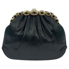 Judith Leiber Black Lizard Gold Top Black Stone Clutch