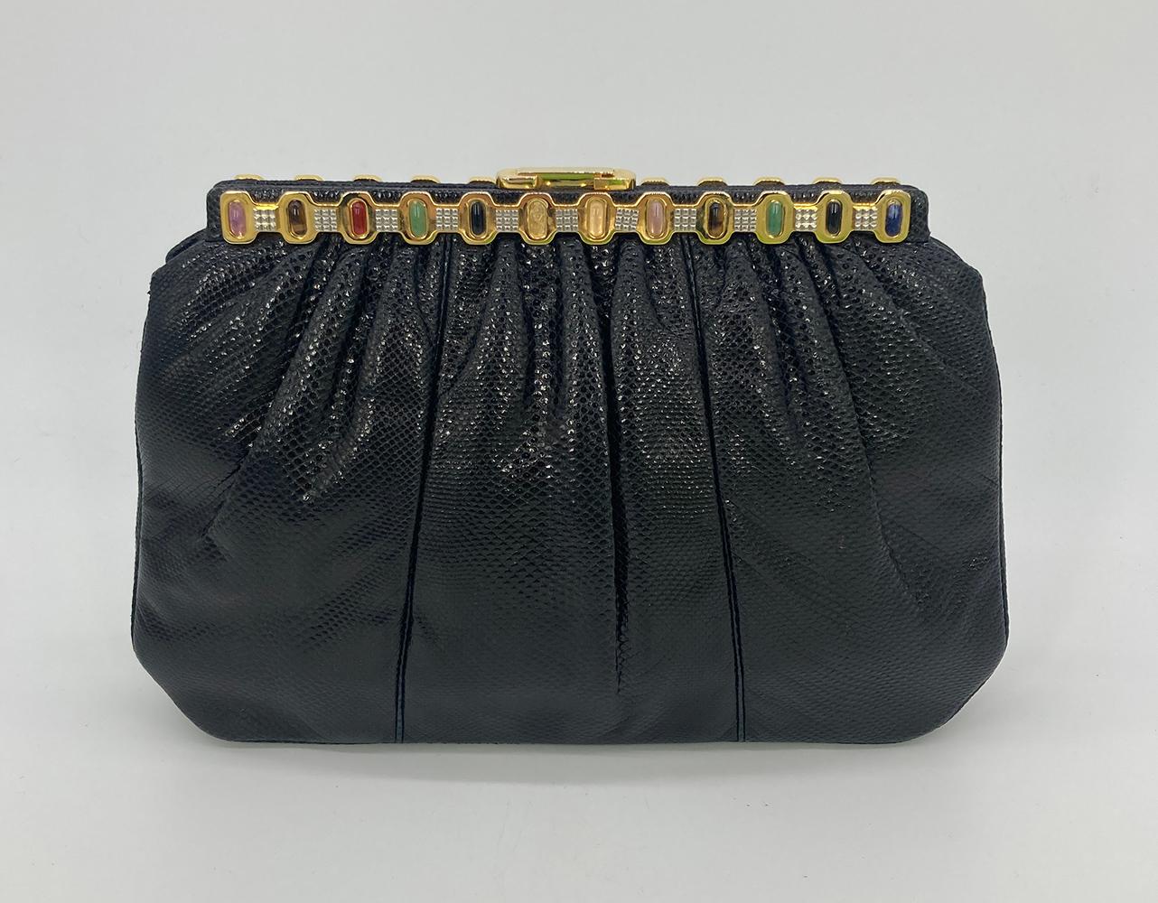 Judith Leiber Black Lizard Multi Color Gemstone Top Clutch In Good Condition For Sale In Philadelphia, PA