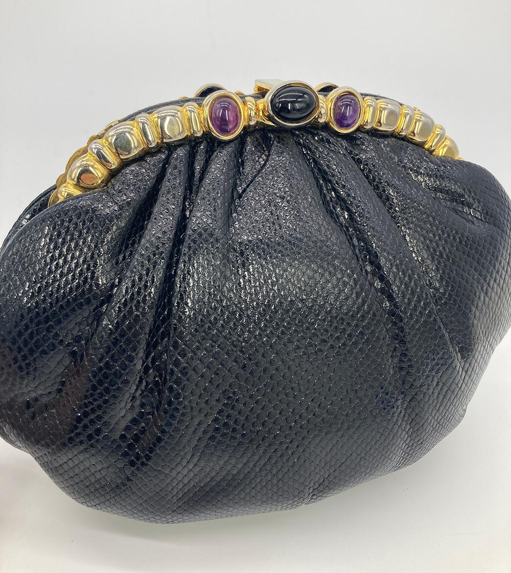 Women's Judith Leiber Black Lizard Purple & Black Gemstone Top Clutch For Sale