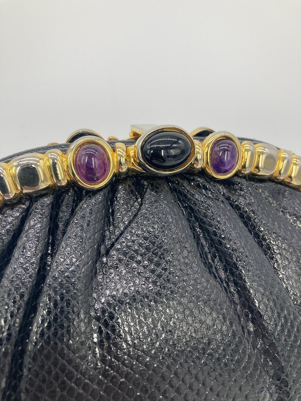 Judith Leiber Black Lizard Purple & Black Gemstone Top Clutch For Sale 1