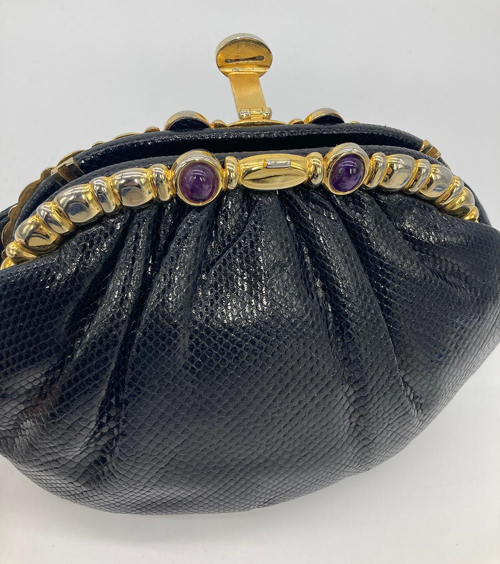 Judith Leiber Black Lizard Purple & Black Gemstone Top Clutch For Sale 2