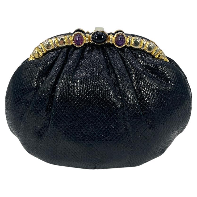 Pre-owned Judith Leiber Black Lizard Purple & Black Gemstone Top Clutch