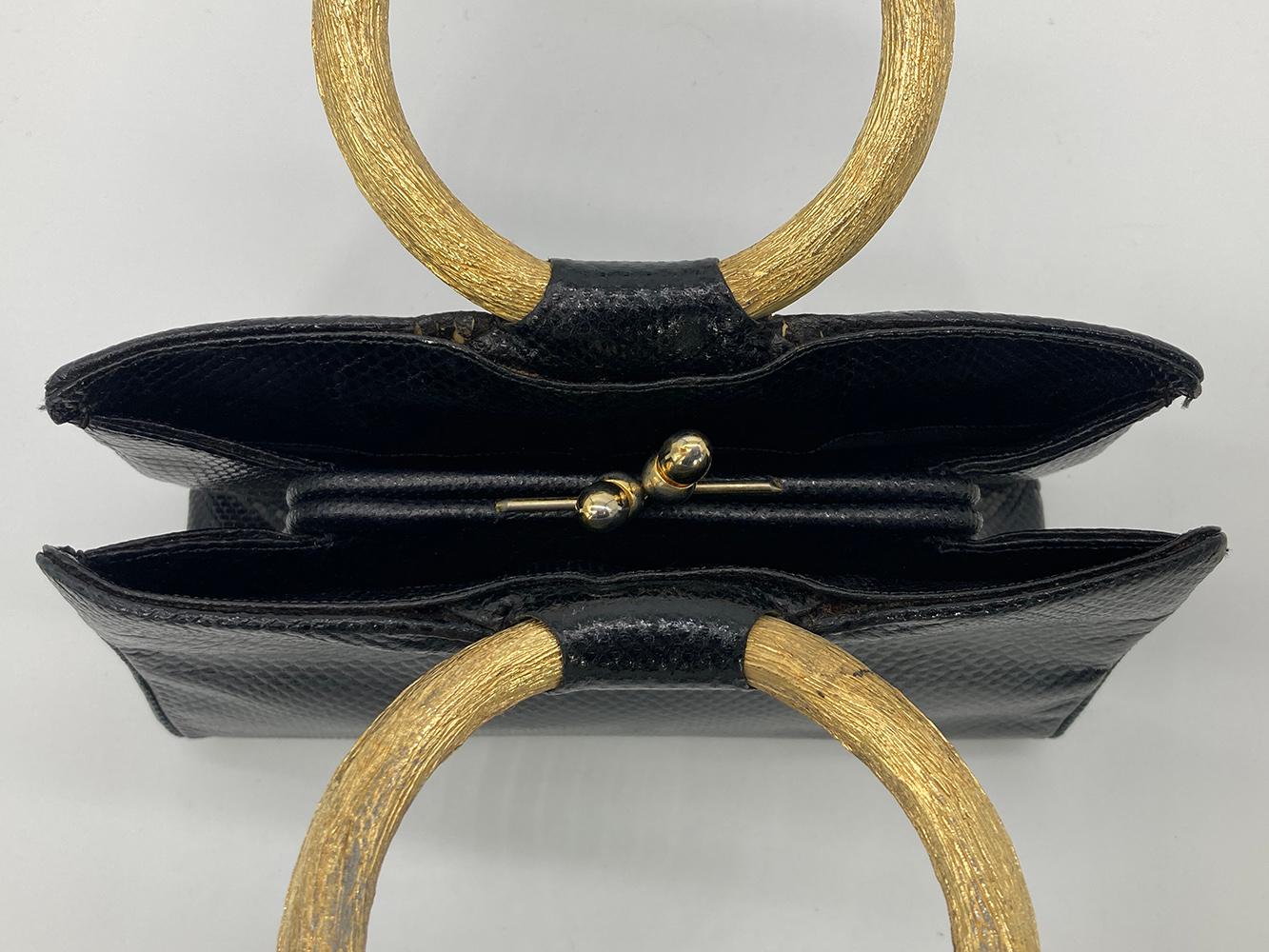 Judith Leiber - Sac à main en lézard noir et or avec poignée supérieure en pierre précieuse en vente 8