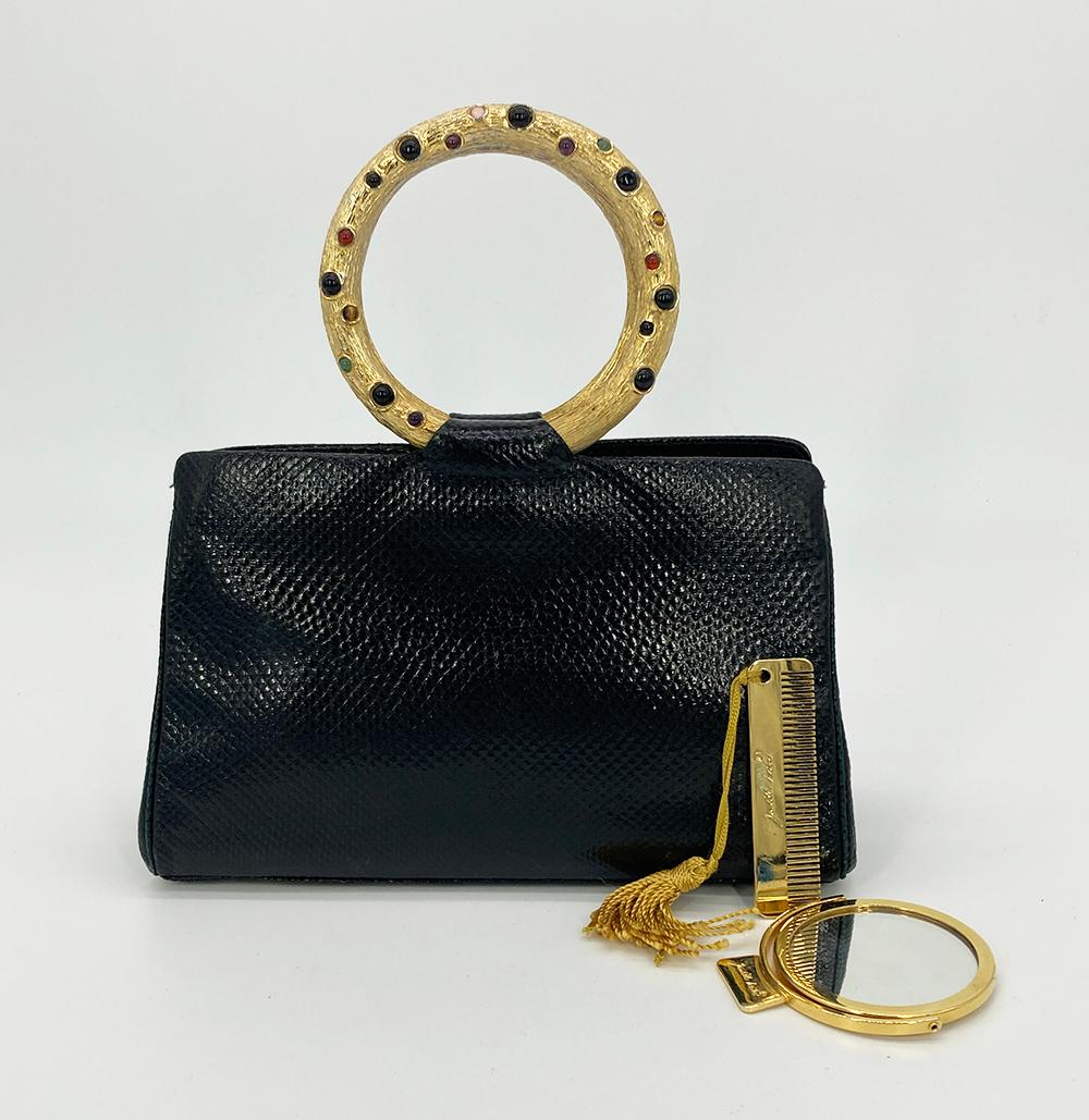 Judith Leiber Black Lizard Round Gold Gemstone Top Handle Bag For Sale 7