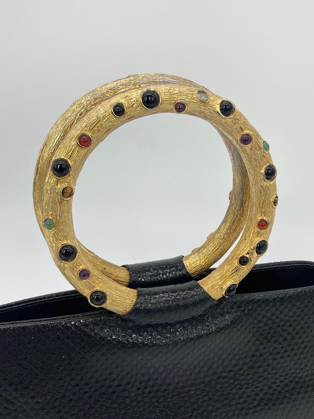 Judith Leiber - Sac à main en lézard noir et or avec poignée supérieure en pierre précieuse Pour femmes en vente