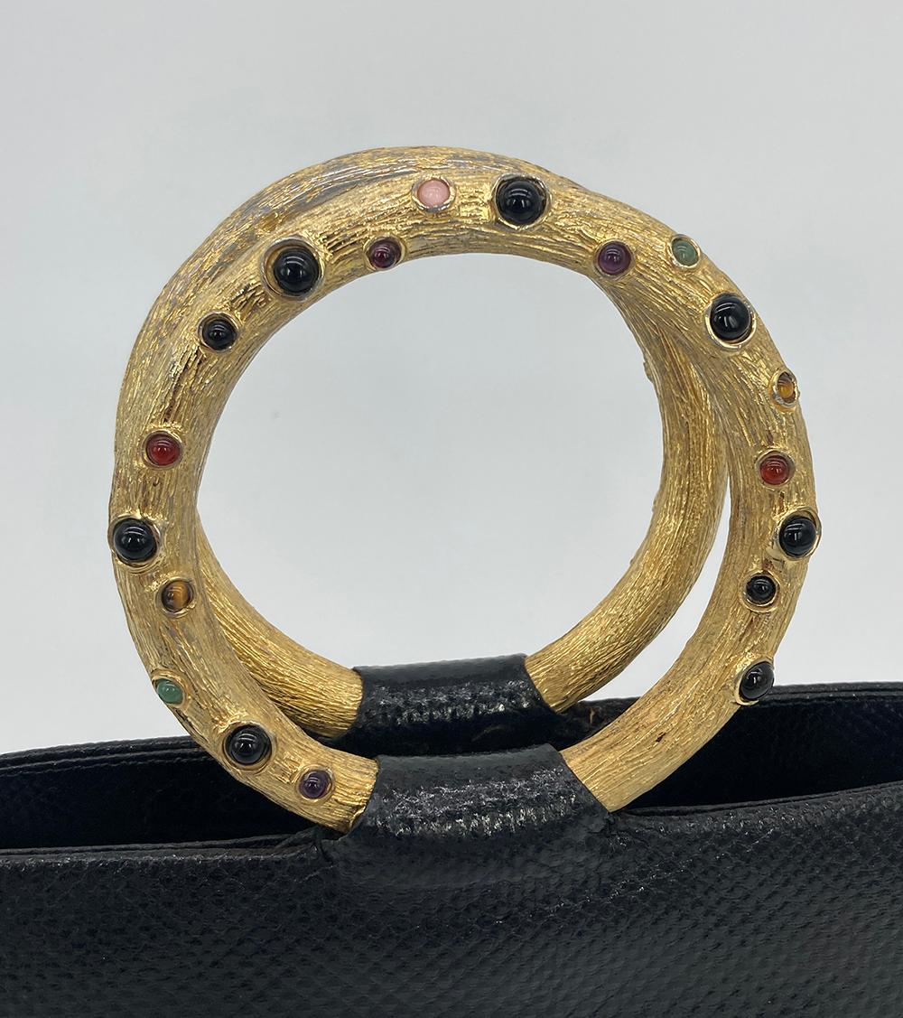 Judith Leiber Black Lizard Round Gold Gemstone Top Handle Bag In Fair Condition For Sale In Philadelphia, PA