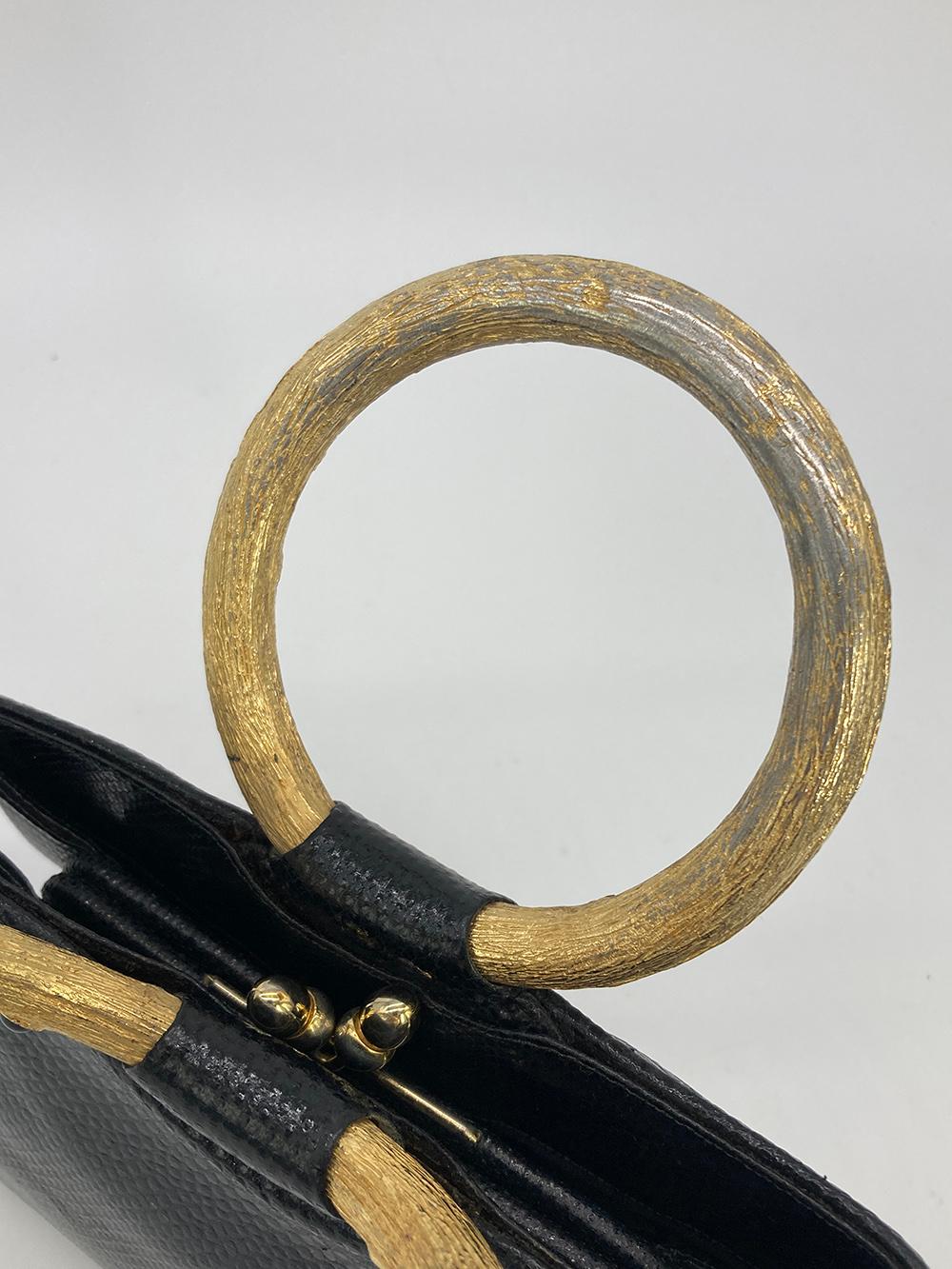 Judith Leiber - Sac à main en lézard noir et or avec poignée supérieure en pierre précieuse en vente 3