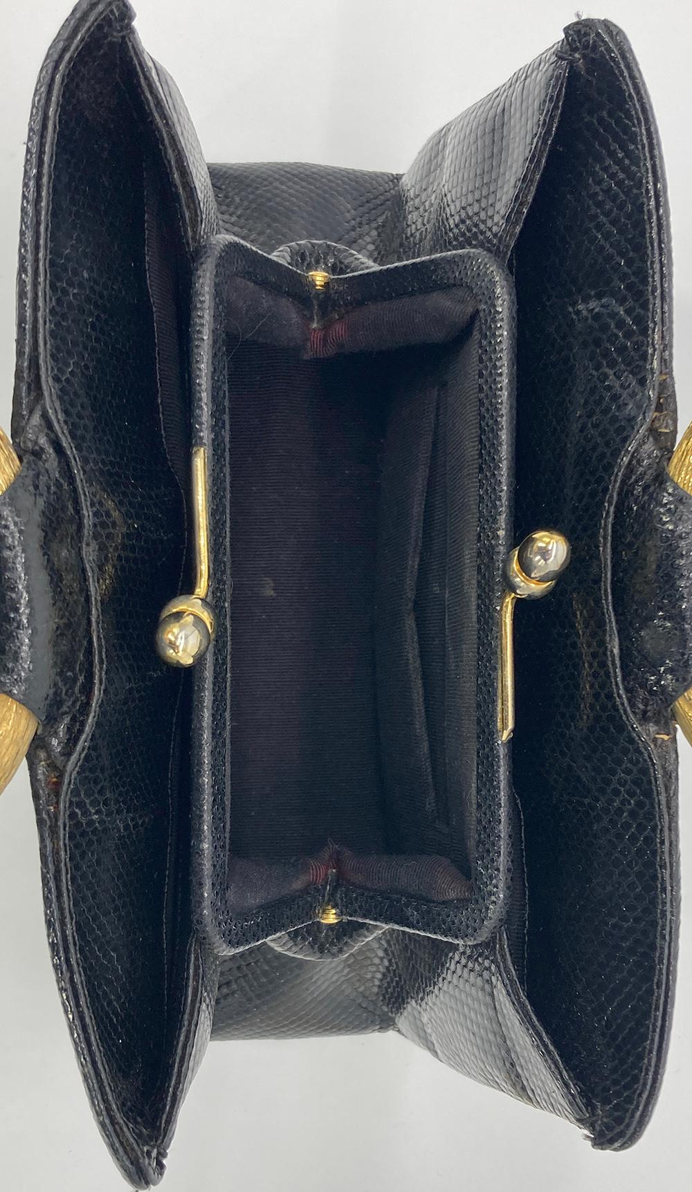 Judith Leiber Black Lizard Round Gold Gemstone Top Handle Bag For Sale 2