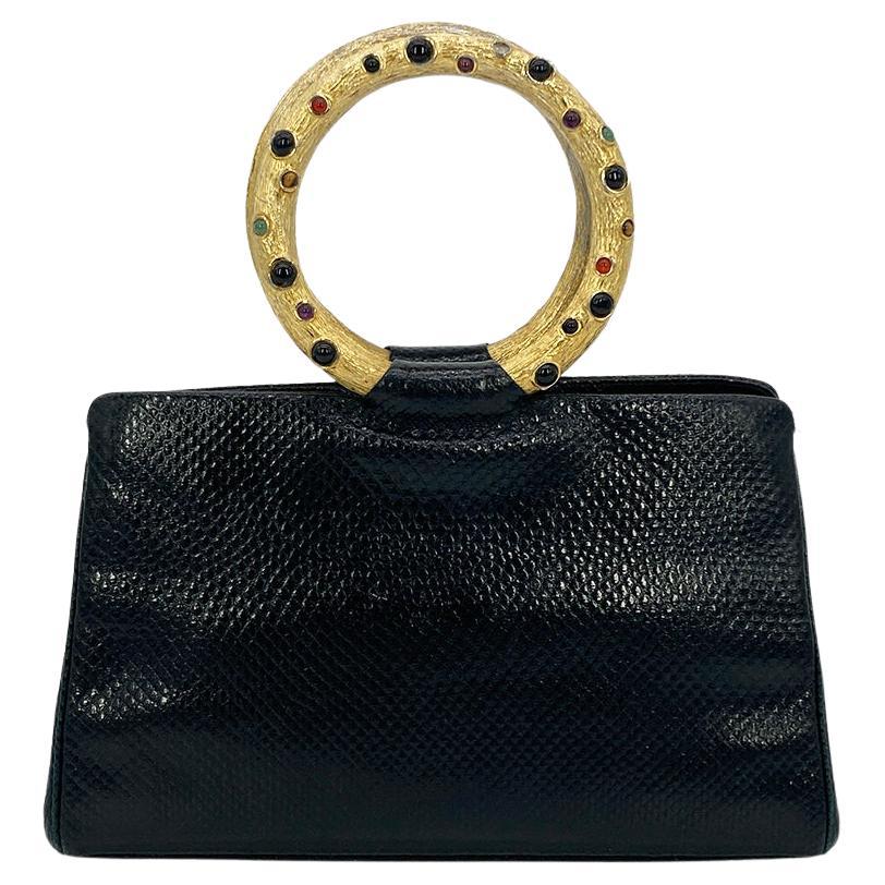 Judith Leiber Black Lizard Round Gold Gemstone Top Handle Bag For Sale