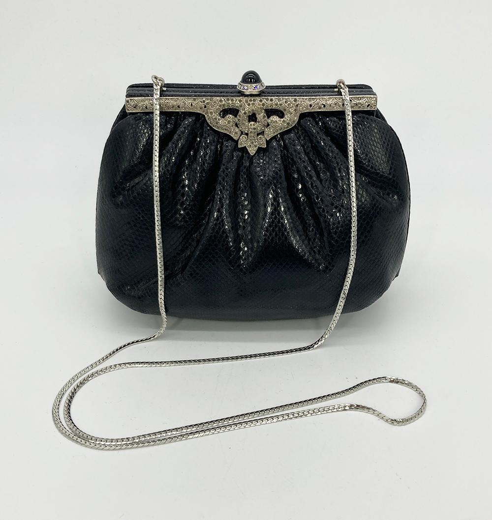 Judith Leiber Black Lizard Silver Antique Crystal Top Clutch For Sale 7