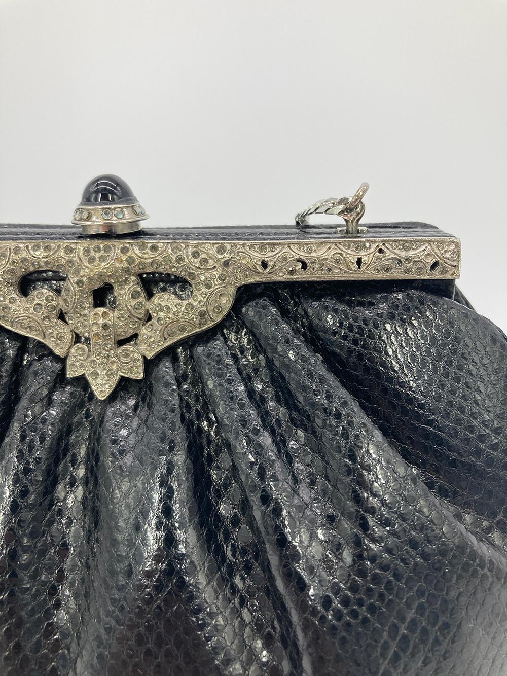 Judith Leiber Black Lizard Silver Antique Crystal Top Clutch For Sale 8