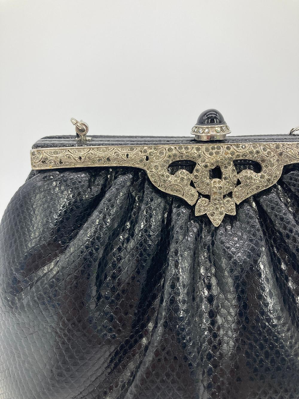 Judith Leiber Black Lizard Silver Antique Crystal Top Clutch For Sale 9