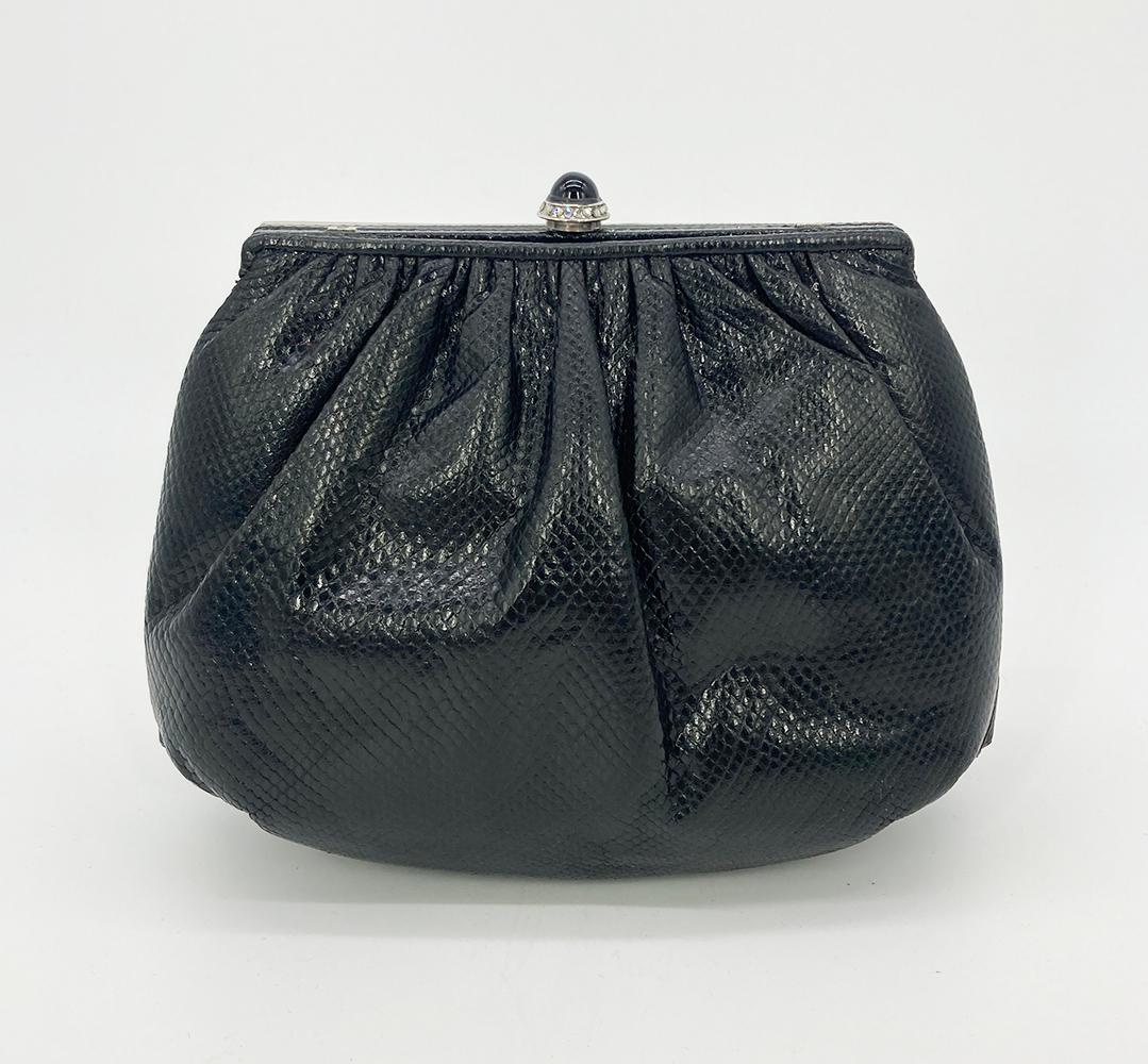 Judith Leiber Black Lizard Silver Antique Crystal Top Clutch in good vintage condition. Black lizard leather exterior trimmed with antique silver hardware and crystals along top edge. Lift latch closure opens to a black nylon interior with 2 side
