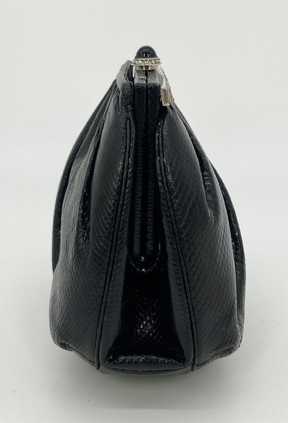 Judith Leiber Black Lizard Silver Antique Crystal Top Clutch In Good Condition For Sale In Philadelphia, PA