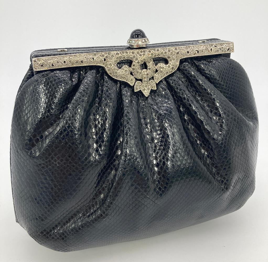 Judith Leiber Black Lizard Silver Antique Crystal Top Clutch For Sale 1