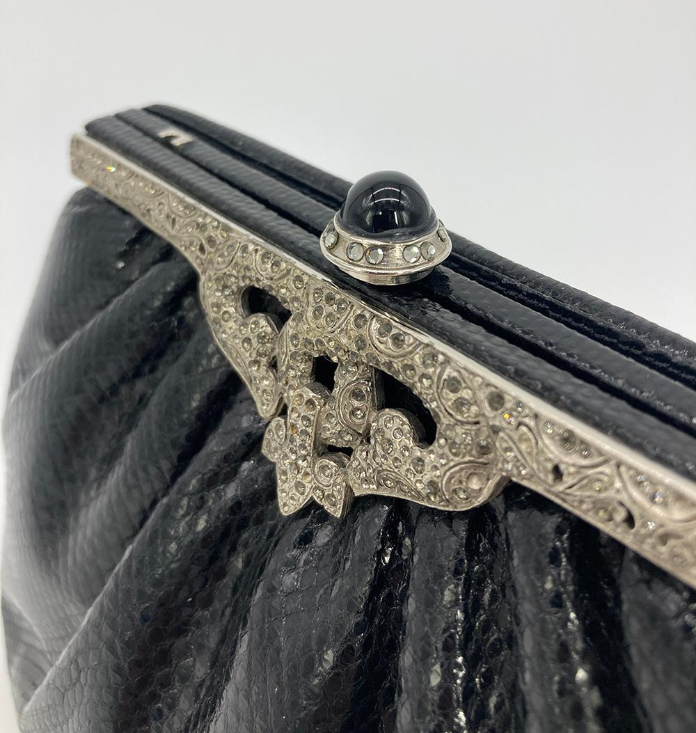 Judith Leiber Black Lizard Silver Antique Crystal Top Clutch For Sale 3
