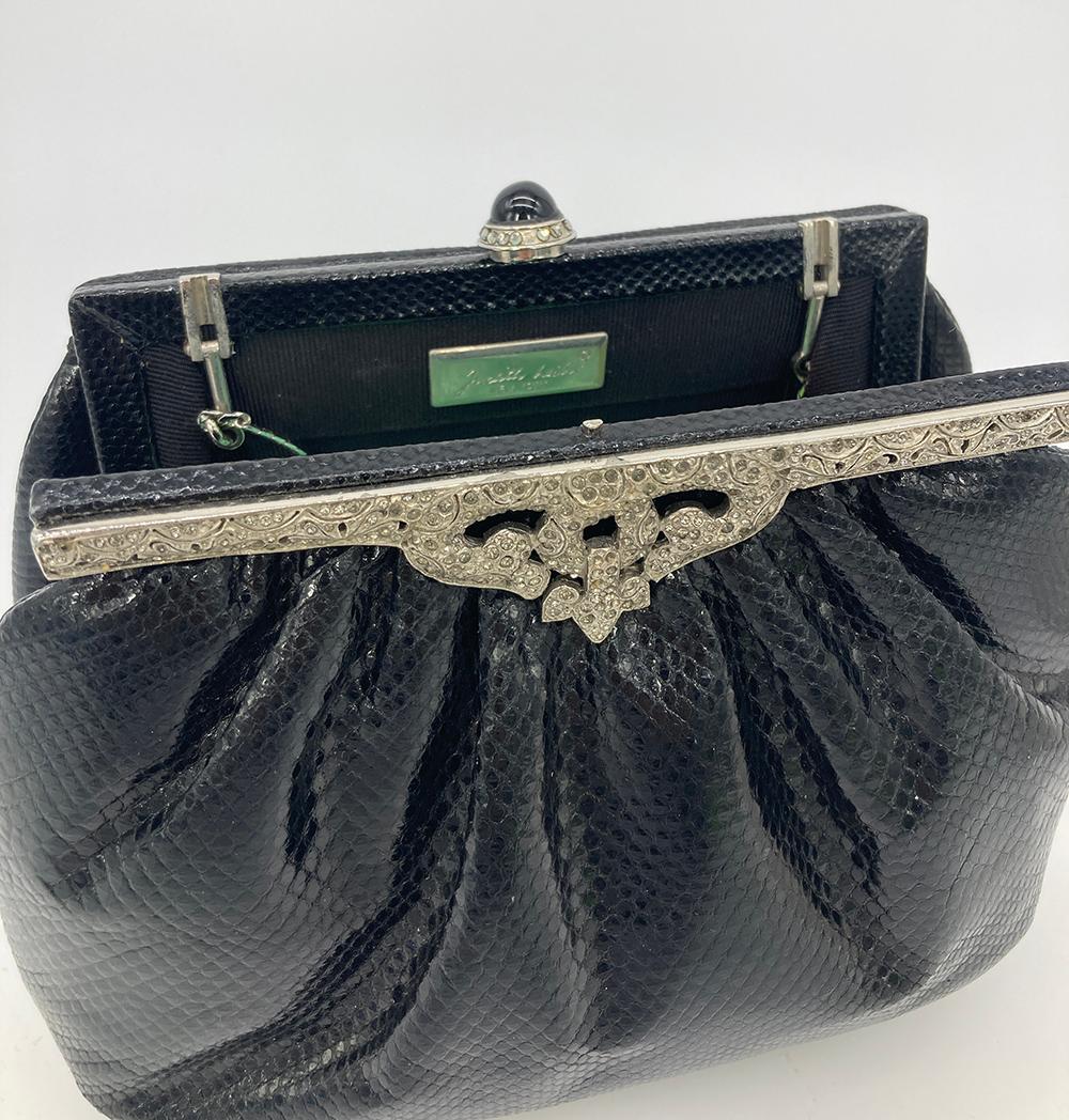 Judith Leiber Black Lizard Silver Antique Crystal Top Clutch For Sale 4