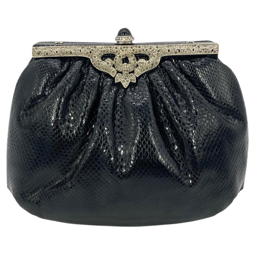 Judith Leiber Black Lizard Silver Antique Crystal Top Clutch For Sale