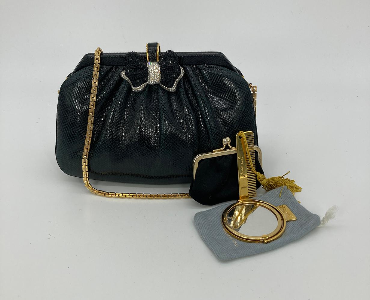 Judith Leiber Black Lizard Swarovski Crystal Bow Top Clutch 4
