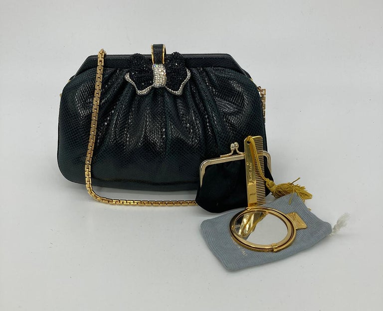 Judith Leiber Crystal Bow Satin Envelope Clutch Bag in Black