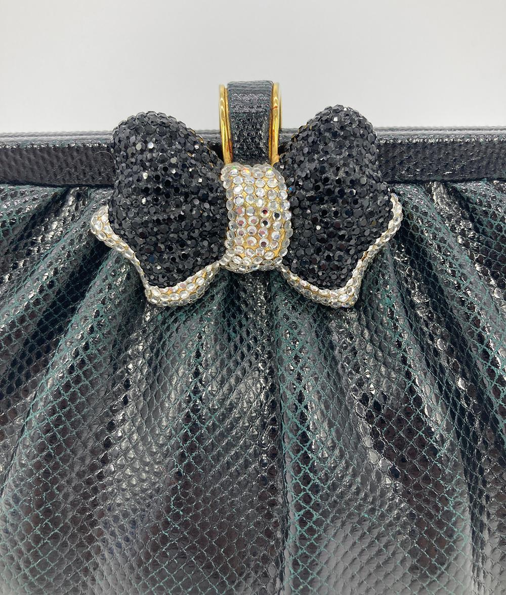 Judith Leiber Black Lizard Swarovski Crystal Bow Top Clutch In Good Condition For Sale In Philadelphia, PA