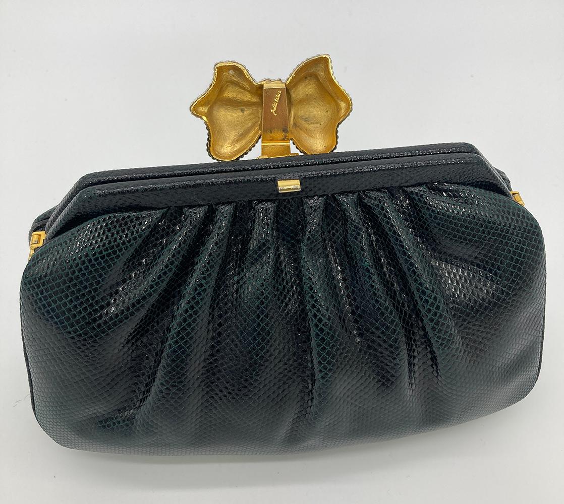 Women's Judith Leiber Black Lizard Swarovski Crystal Bow Top Clutch For Sale