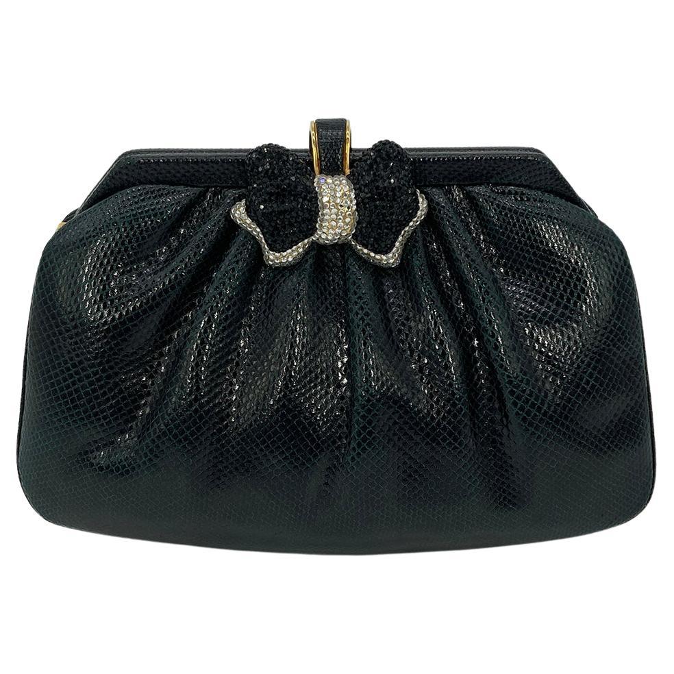 Judith Leiber Black Lizard Swarovski Crystal Bow Top Clutch For Sale