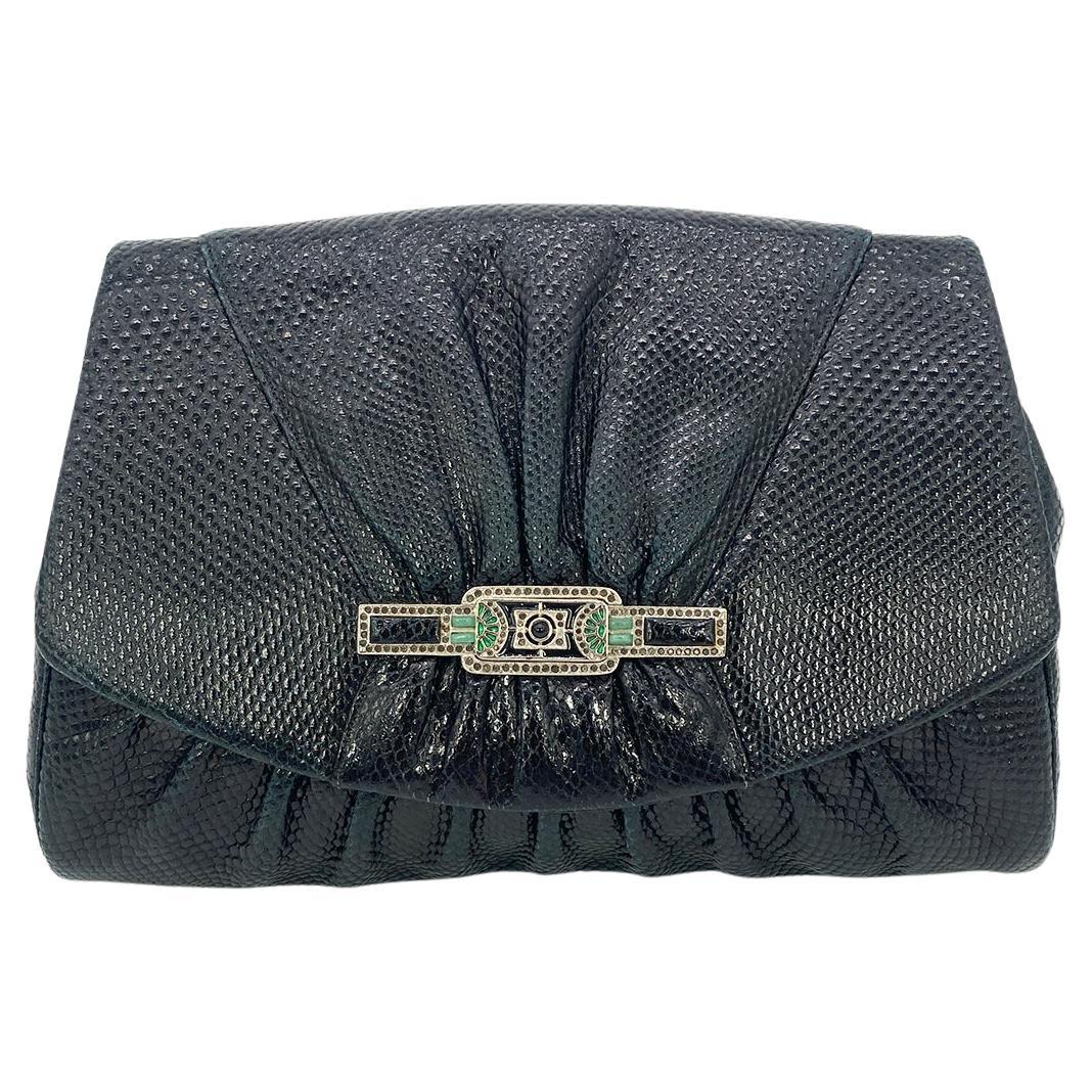 Judith Leiber Black Lizard Top Flap Bag For Sale