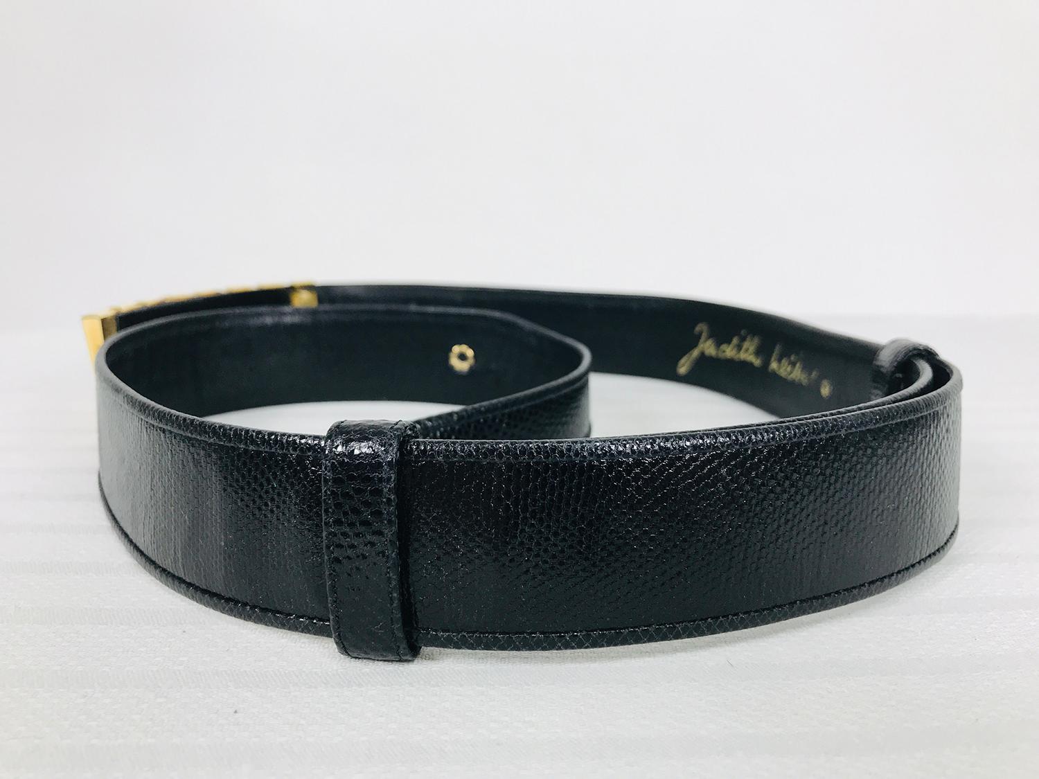 Women's or Men's Judith Leiber Black Lucite & Gold Metal Buckle Black Lizard Belt For Sale