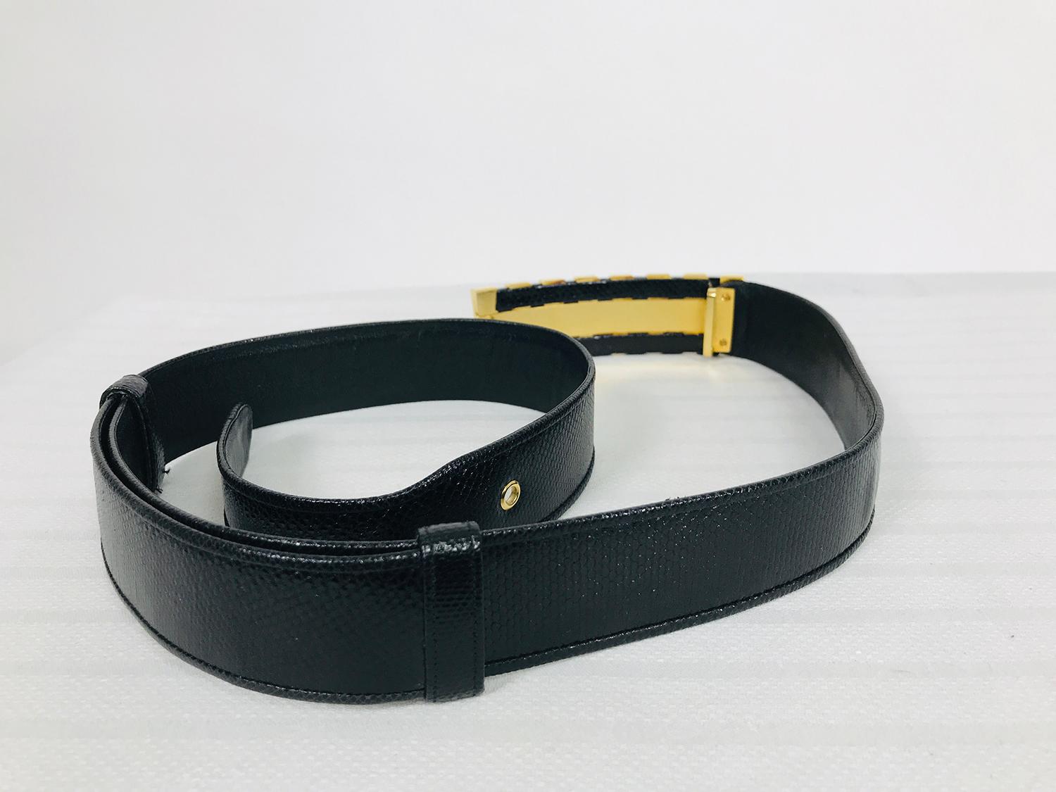 Judith Leiber Black Lucite & Gold Metal Buckle Black Lizard Belt For Sale 1