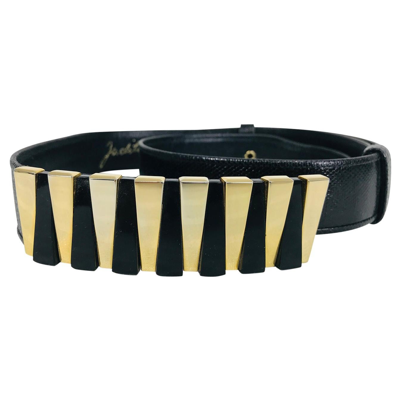 Judith Leiber Black Lucite & Gold Metal Buckle Black Lizard Belt For Sale