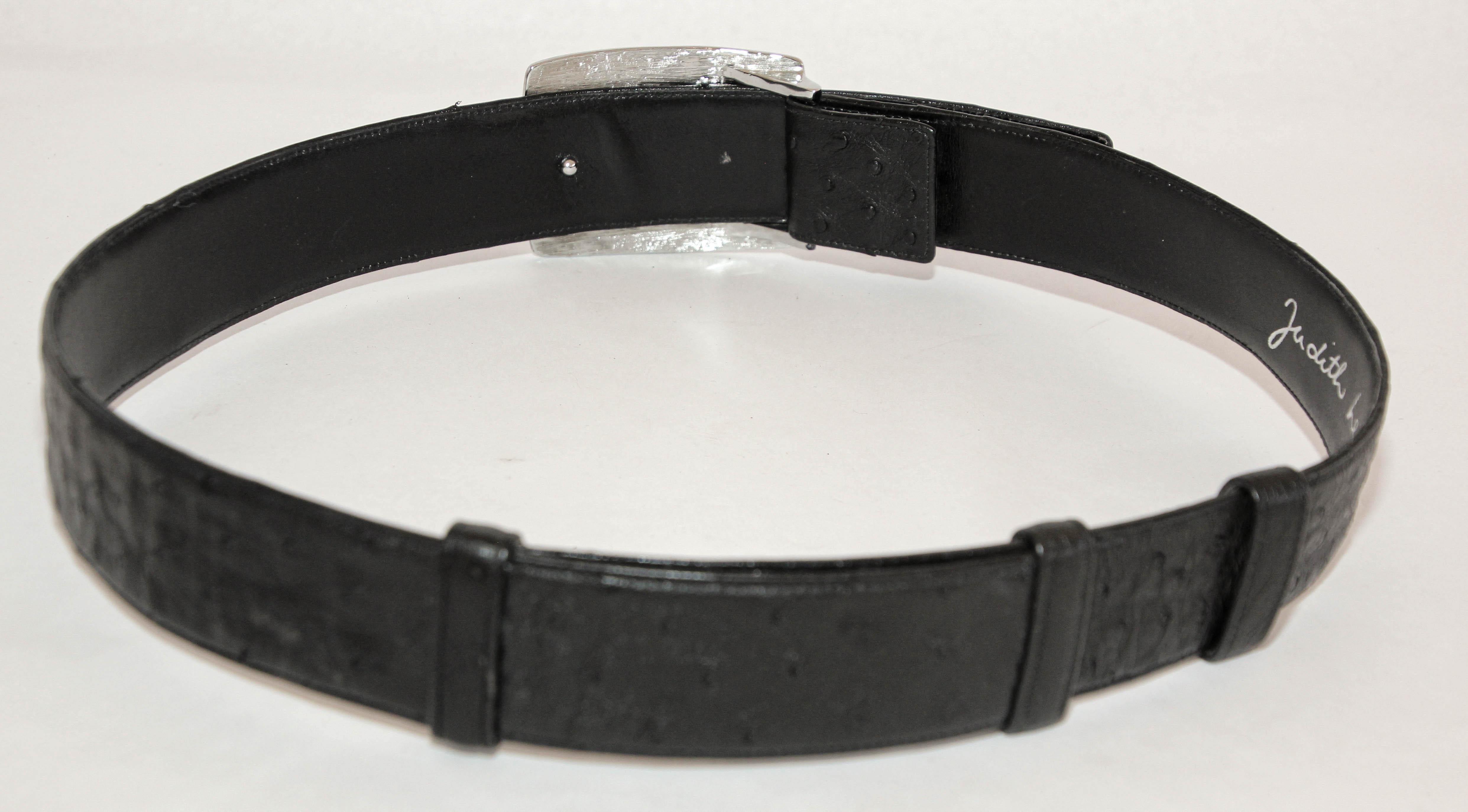 Judith Leiber Black Ostrich Leather Belt with faceted Silver Rhine Crystal  6