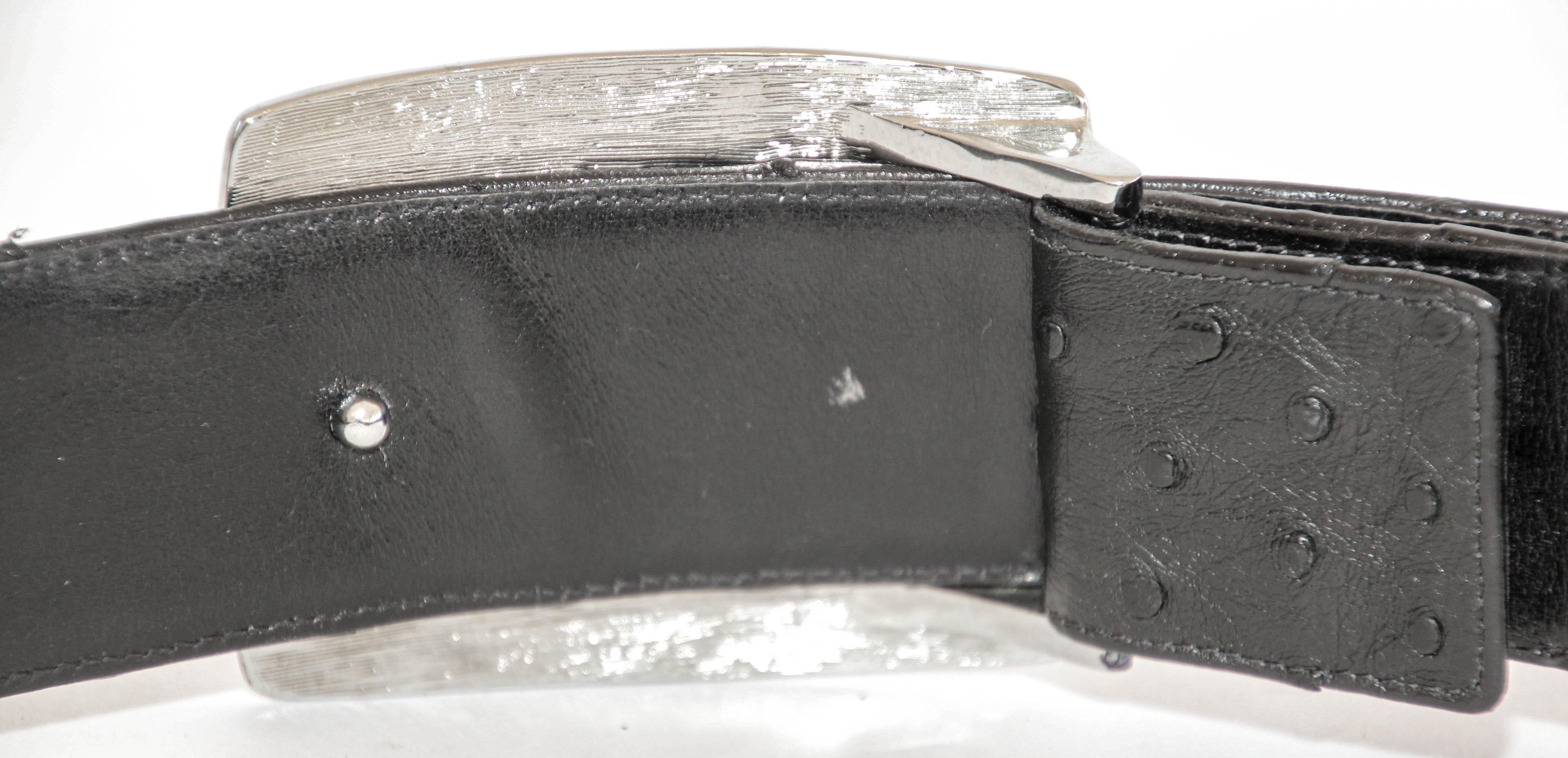 Judith Leiber Black Ostrich Leather Belt with faceted Silver Rhine Crystal  For Sale 7