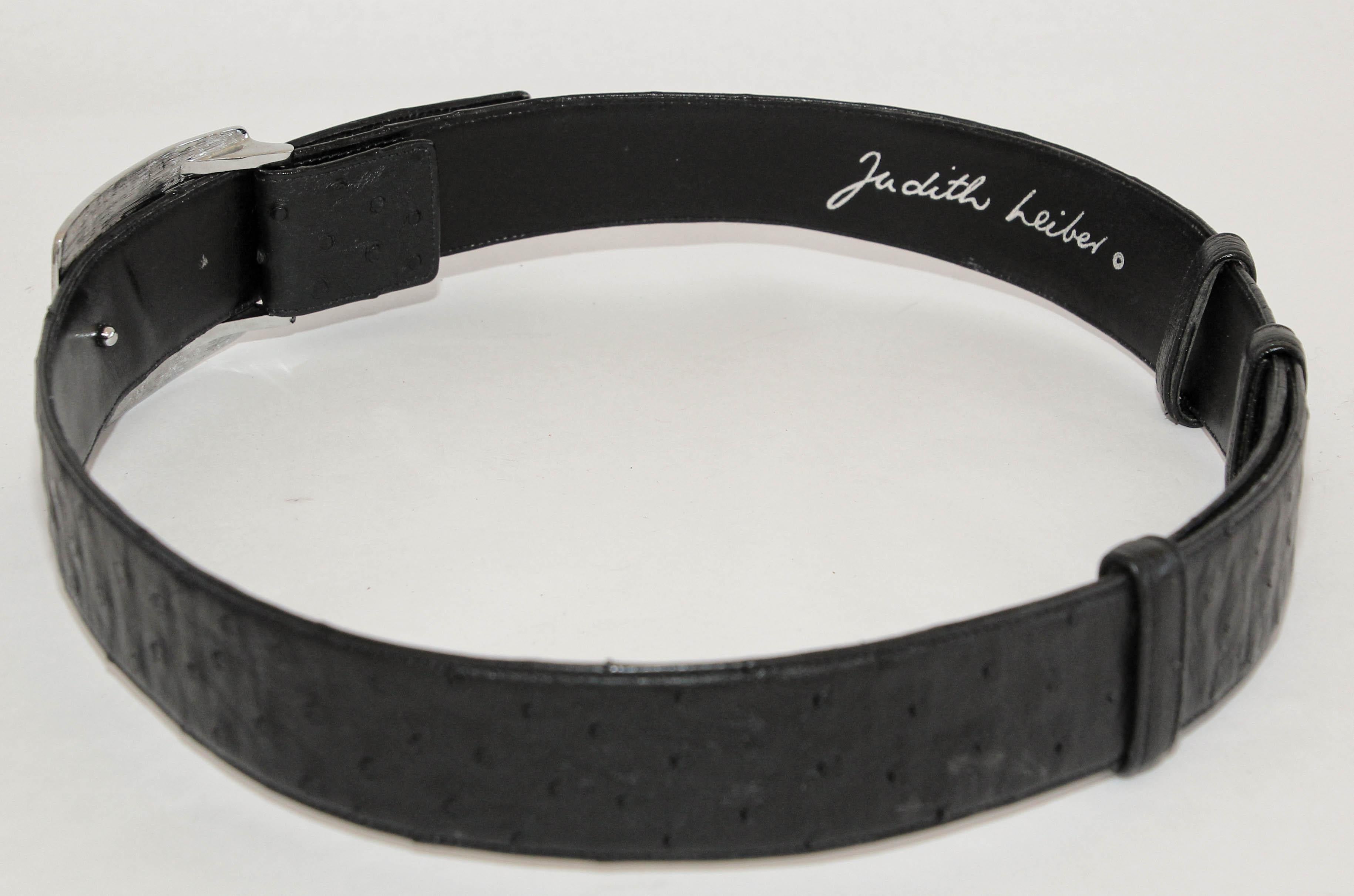 Judith Leiber Black Ostrich Leather Belt with faceted Silver Rhine Crystal  8