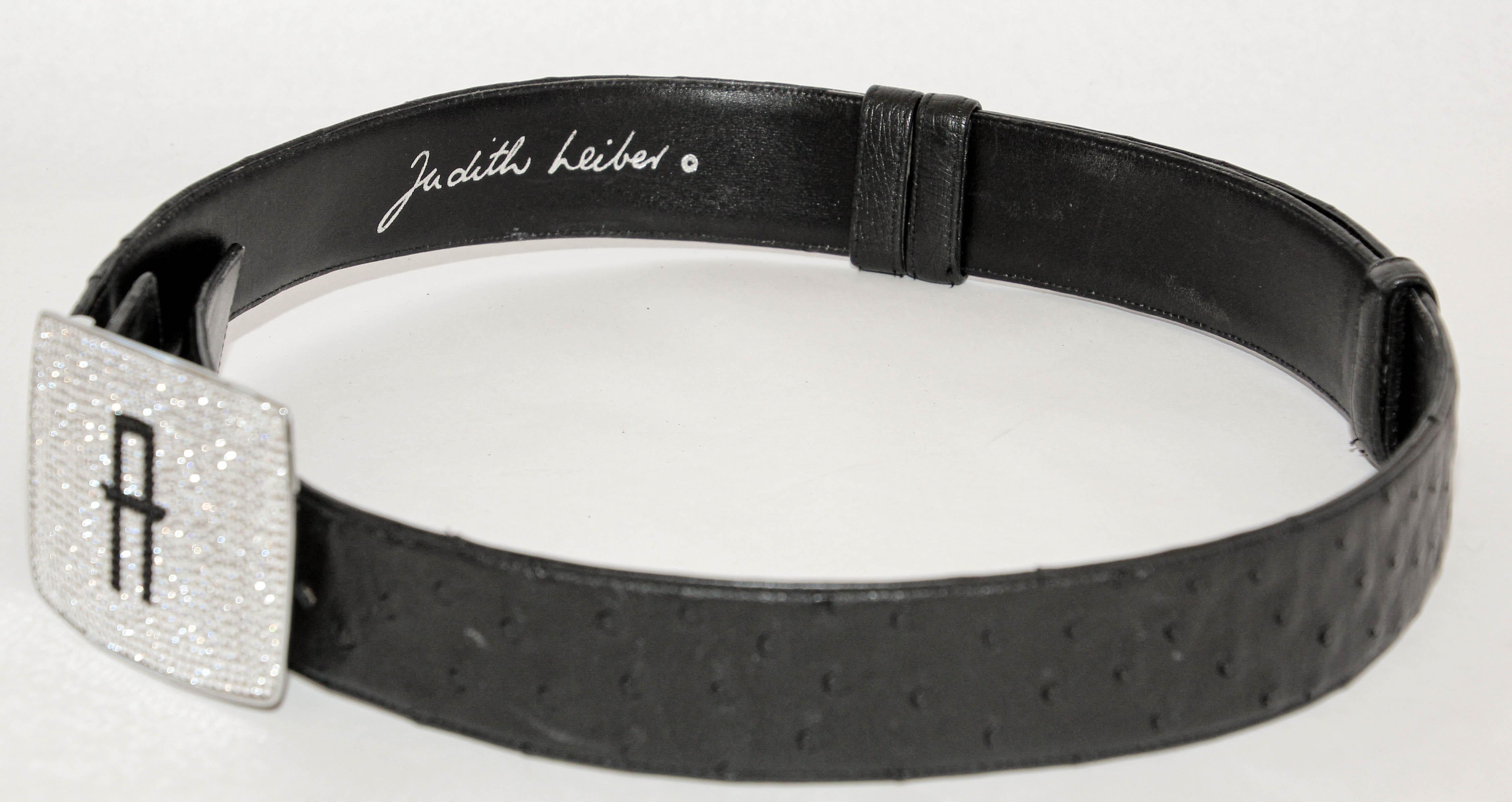 Judith Leiber Black Ostrich Leather Belt with faceted Silver Rhine Crystal  In Good Condition For Sale In North Hollywood, CA