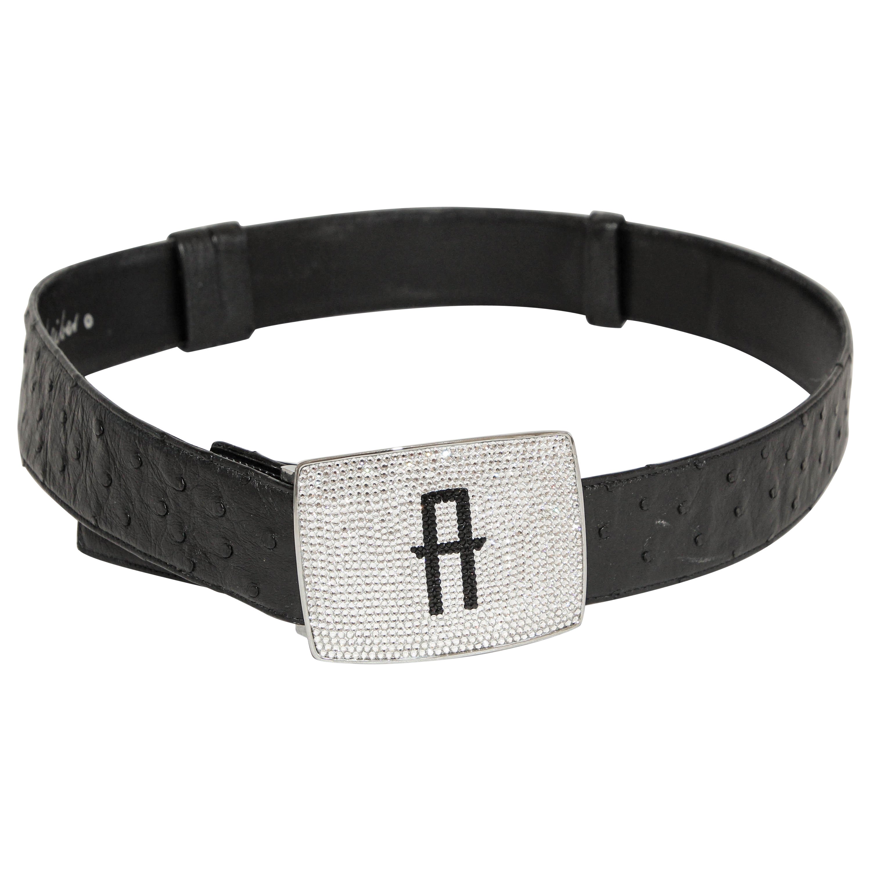 Judith Leiber Black Ostrich Leather Belt with faceted Silver Rhine Crystal