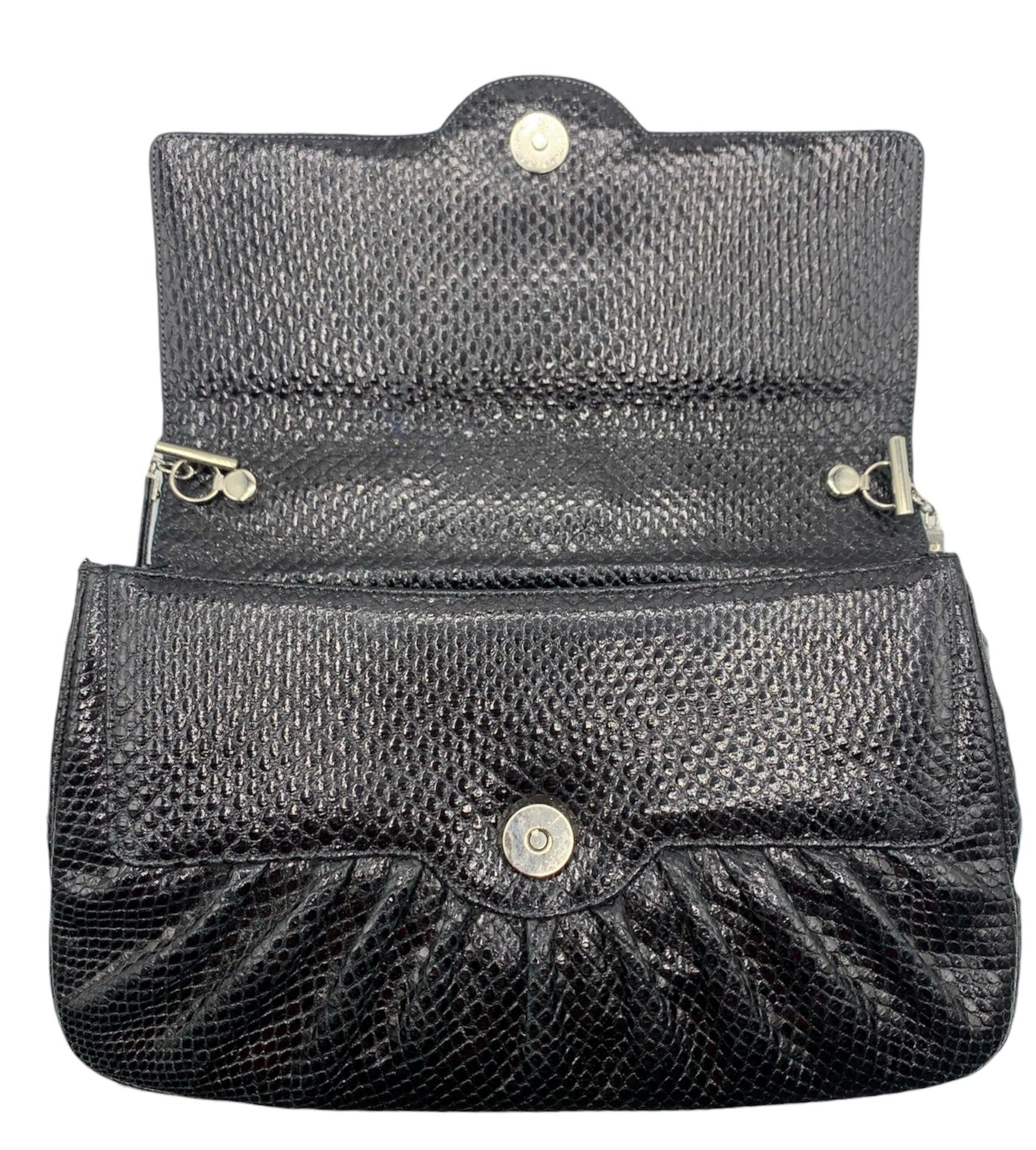 Judith Leiber Black Reptile Deco Evening Convertible Evening Bag, 1980s In Excellent Condition For Sale In Los Angeles, CA