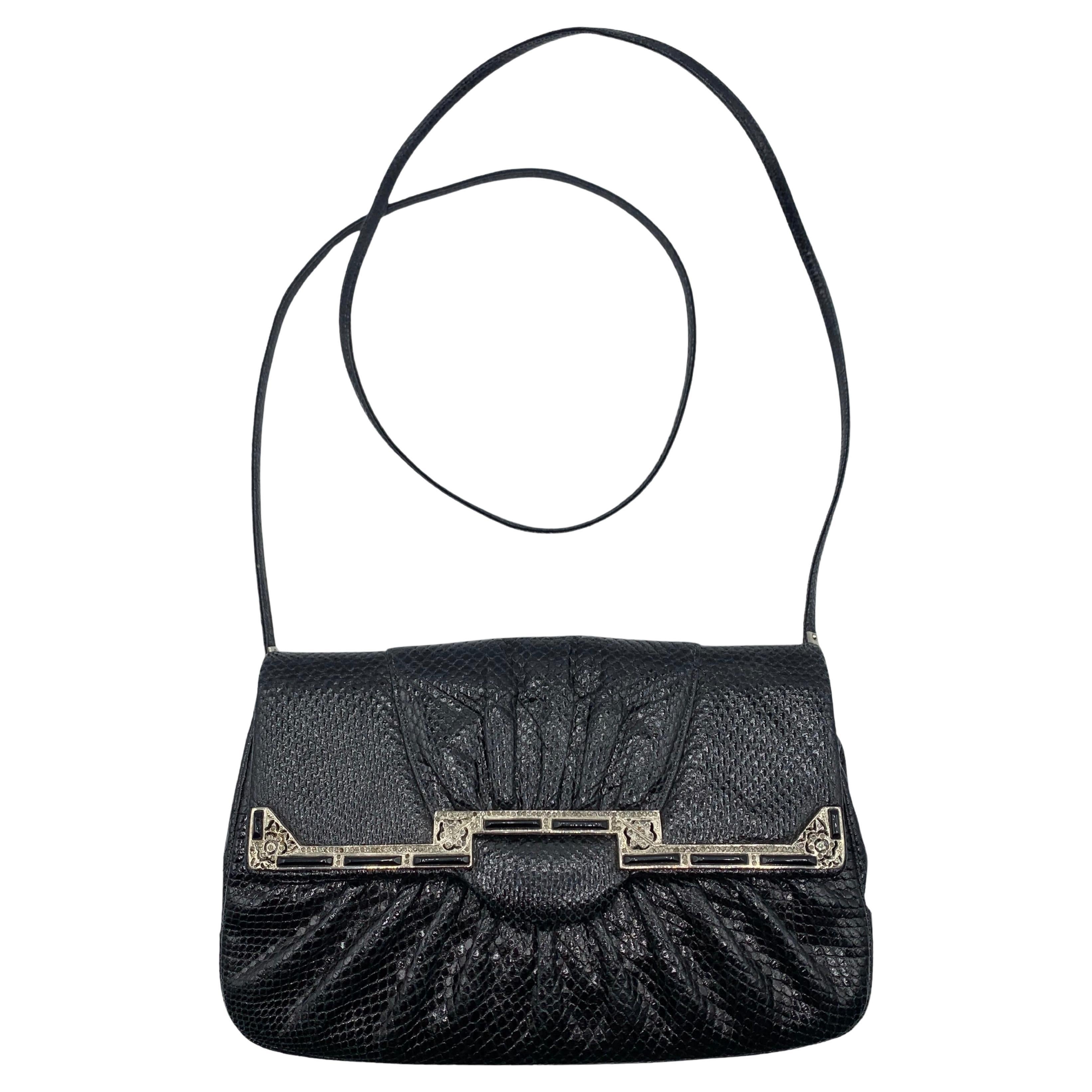 Judith Leiber Black Reptile Deco Evening Convertible Evening Bag, 1980s For Sale