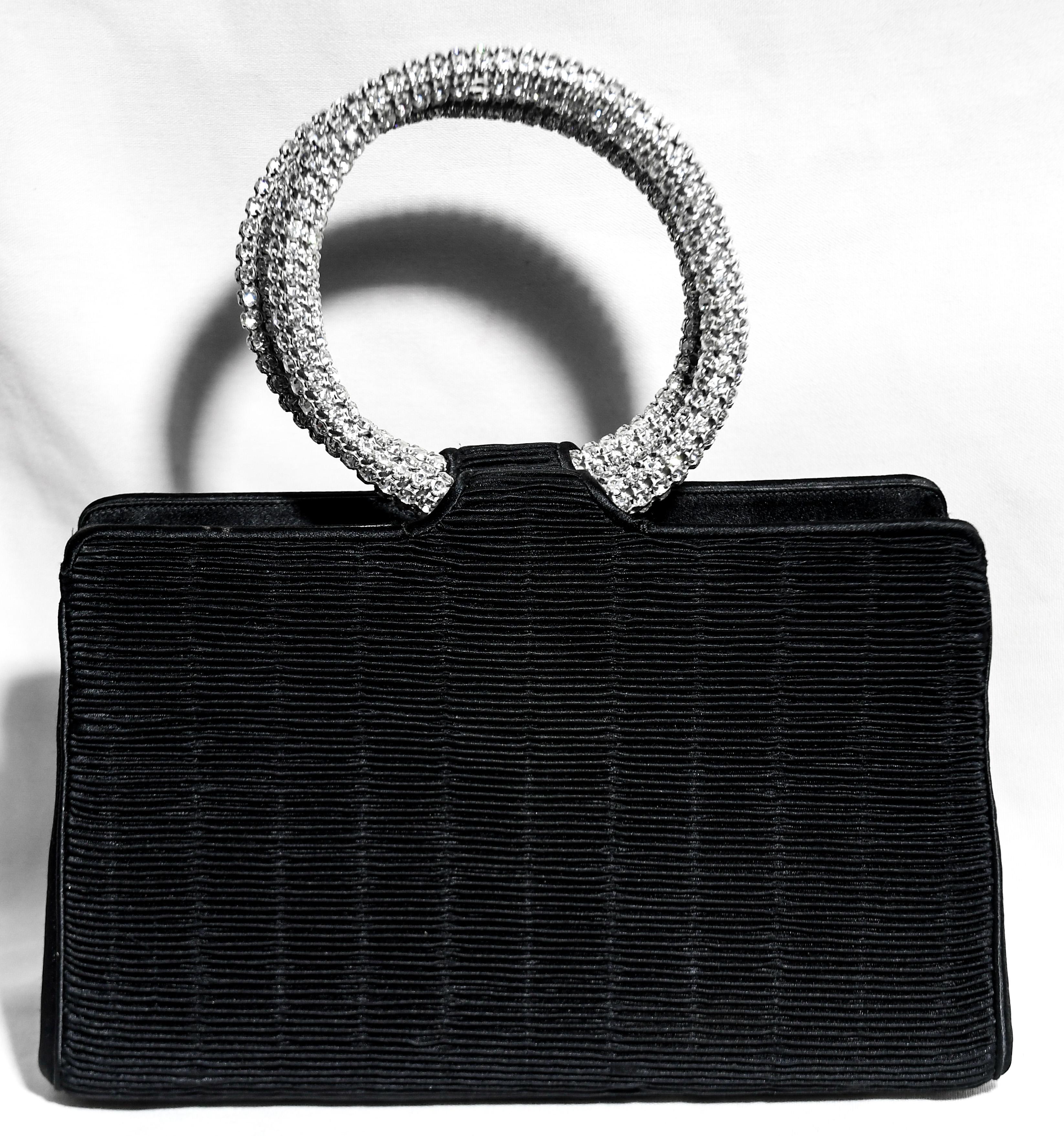 Judith Leiber Black  Ribbed Satin Rhinestone Embellished Top Handles   In Excellent Condition In Palm Beach, FL