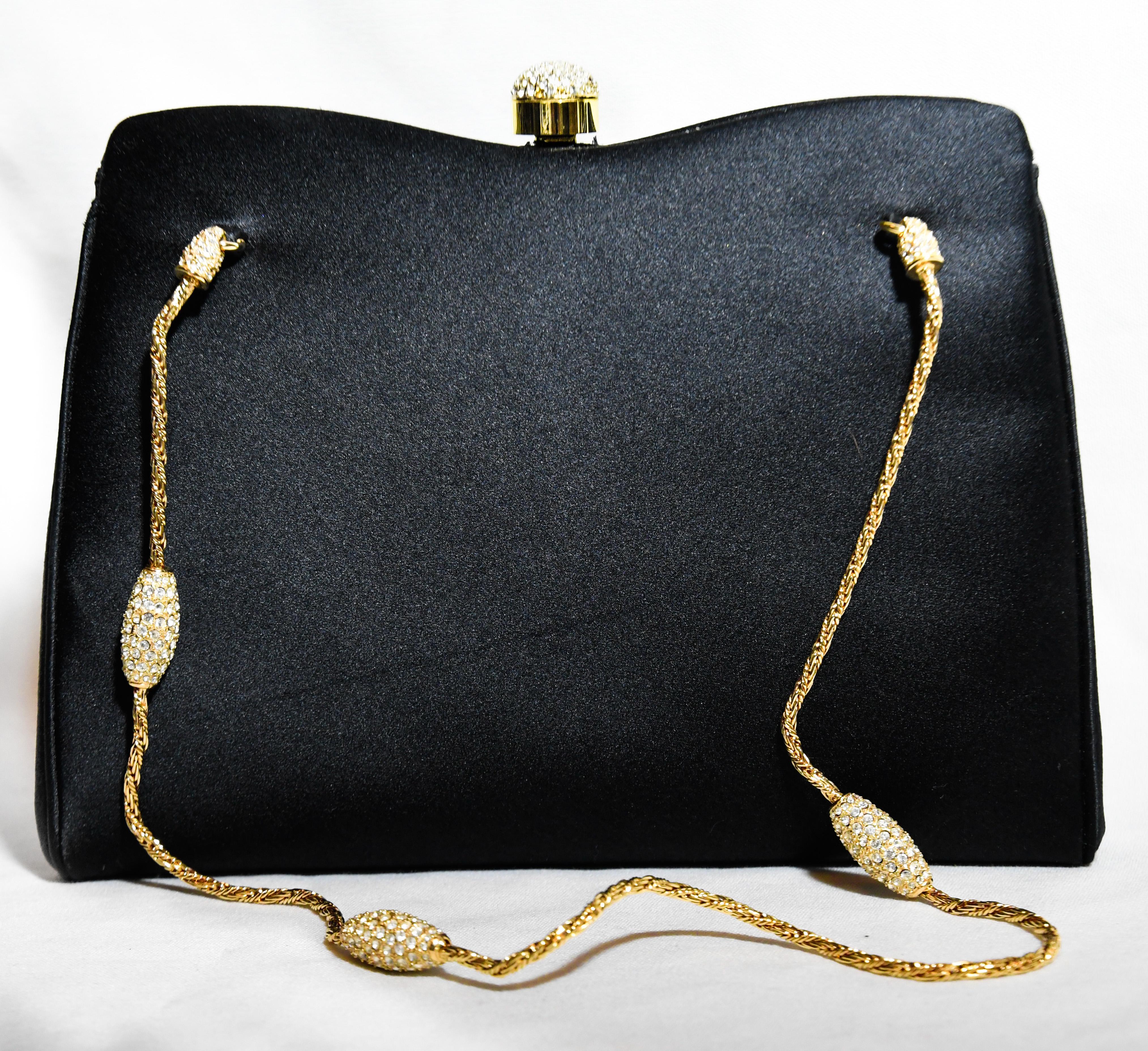 Judith Leiber Black Satin Bag With Gold Tone & Crystal Top Handle In Excellent Condition For Sale In Palm Beach, FL