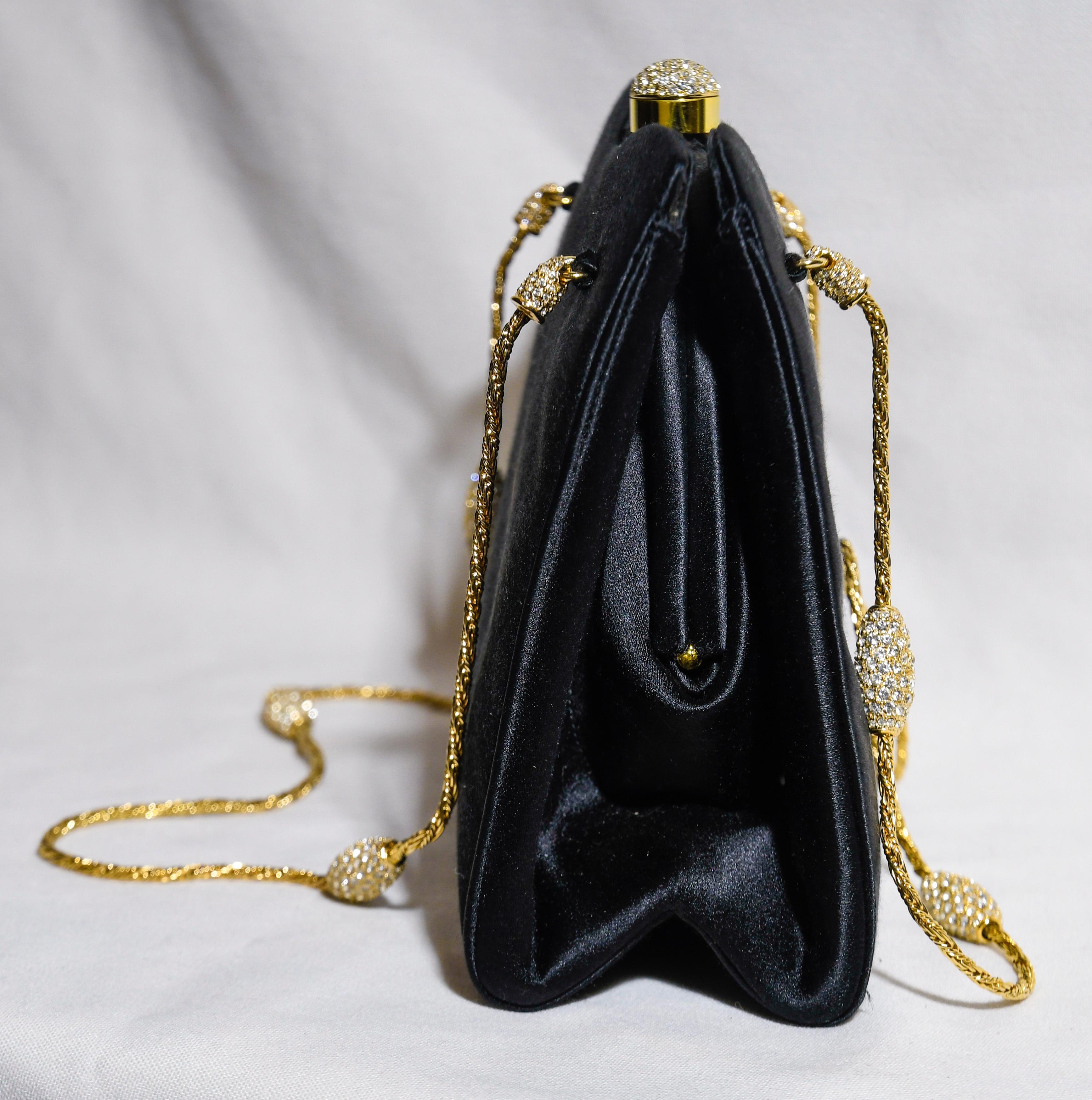 Women's Judith Leiber Black Satin Bag With Gold Tone & Crystal Top Handle For Sale